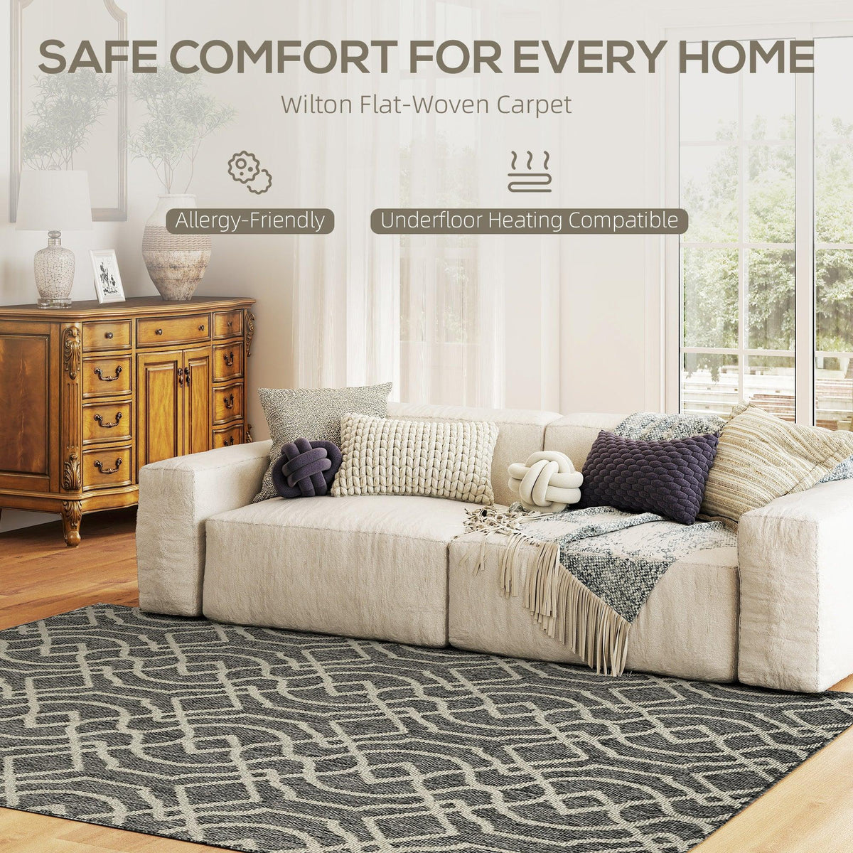 Grey geometric area rug with repeating lattice pattern for indoor and outdoor spaces.