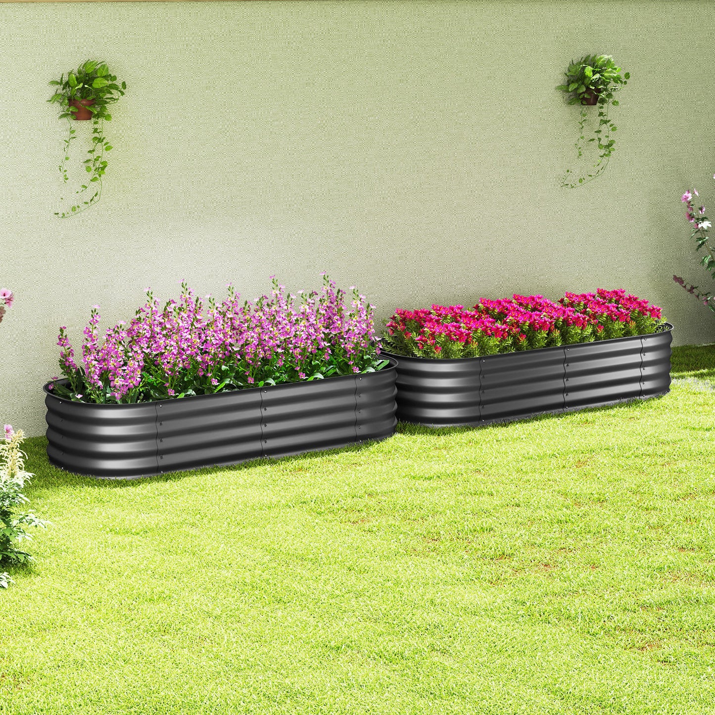 Outsunny Galvanised Raised Garden Bed Pack Of 2 With Safety Edging For Flowers Herbs Succulents Dark Grey