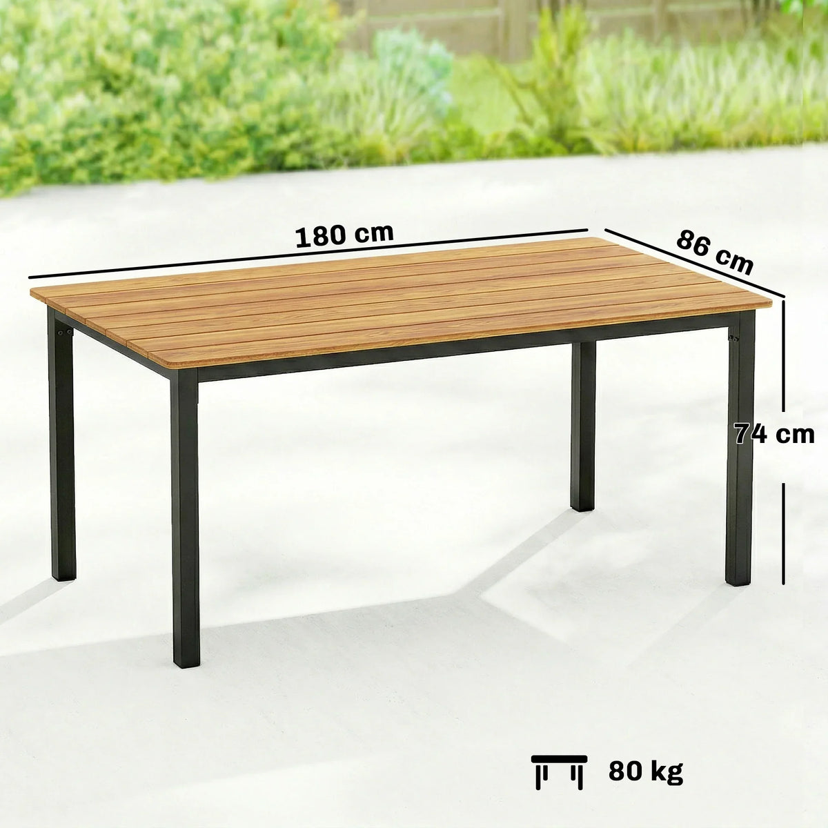 Rectangular outdoor dining table with wood slat top, 180 x 86 cm size