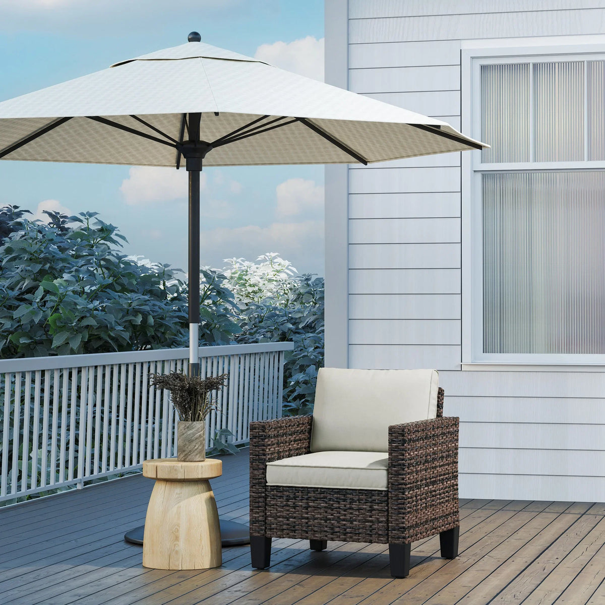 Dark brown rattan armchair with beige cushions and sturdy black feet