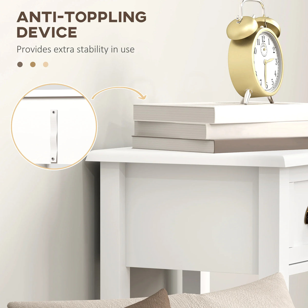 White bedside table underside showing drawer and open shelf structure