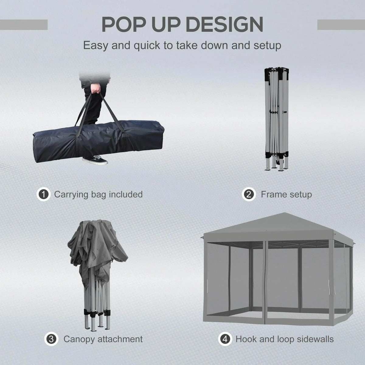 Grey pop-up gazebo with pop-up frame, canopy attachment, and hook-and-loop sidewalls