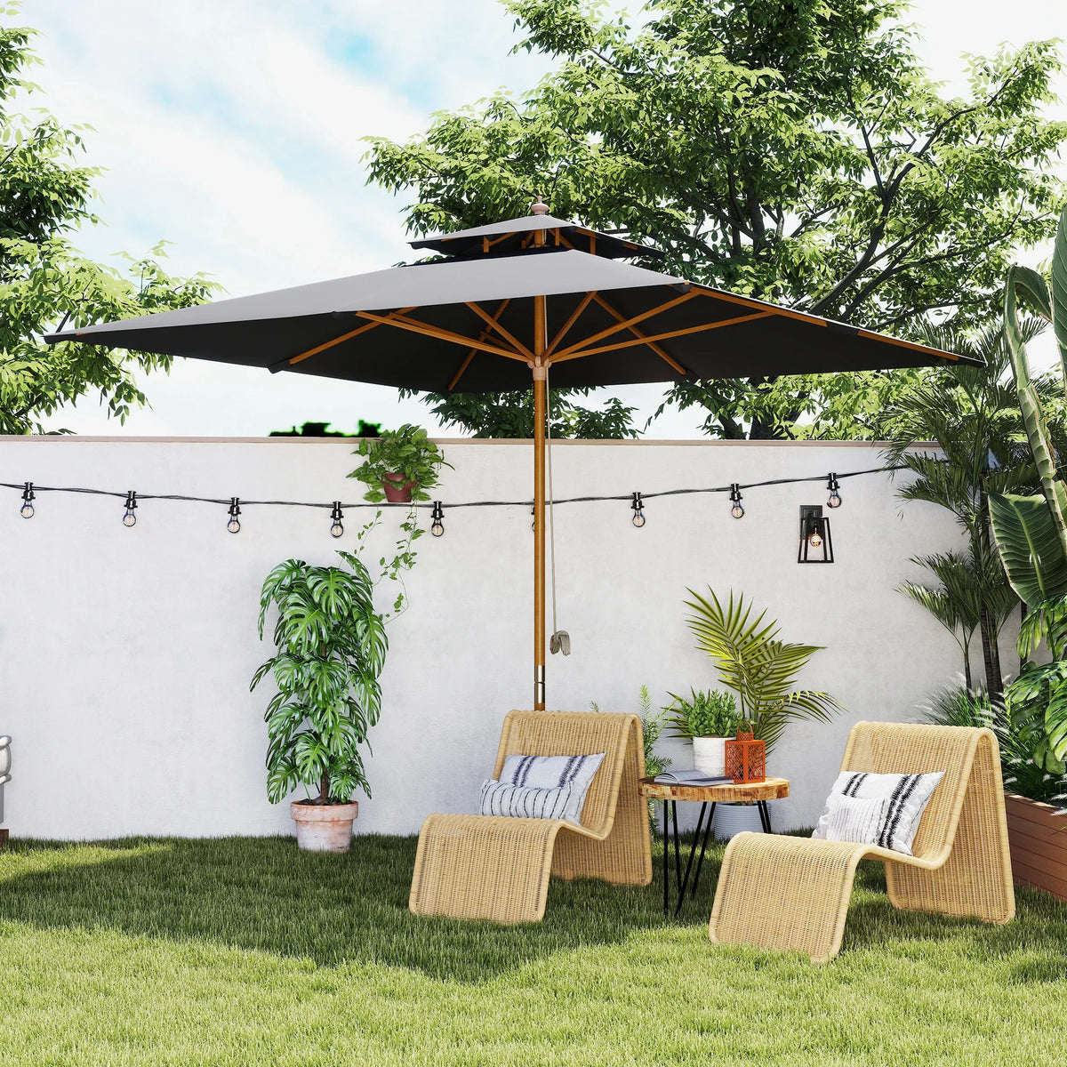 Outdoor square canopy parasol with black fabric top and bamboo-and-wood frame over lawn