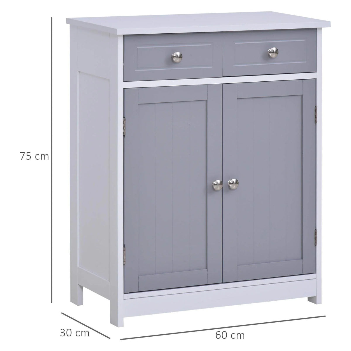 Grey bathroom cabinet with two top drawers and double-door lower storage, round metal knobs.