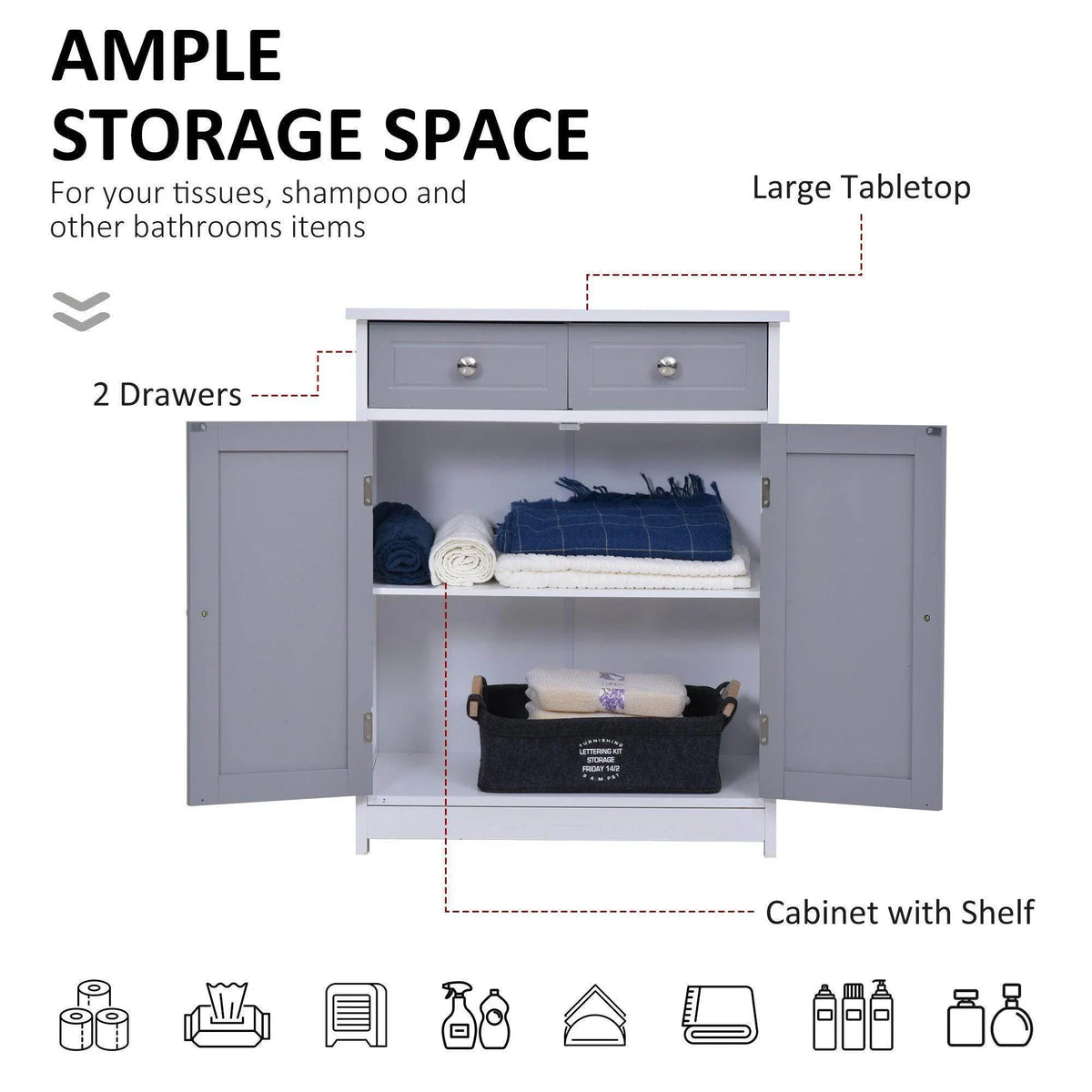 Grey cabinet with open double doors, internal shelf, and two top drawers for storage.