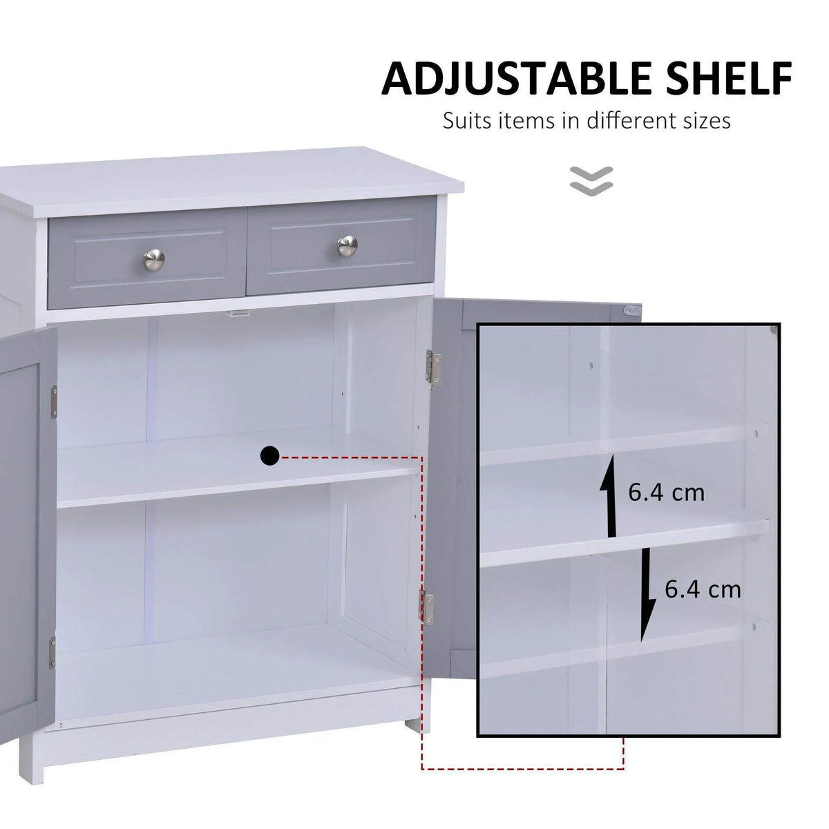 Grey cabinet with adjustable internal shelf behind double doors and two drawers.