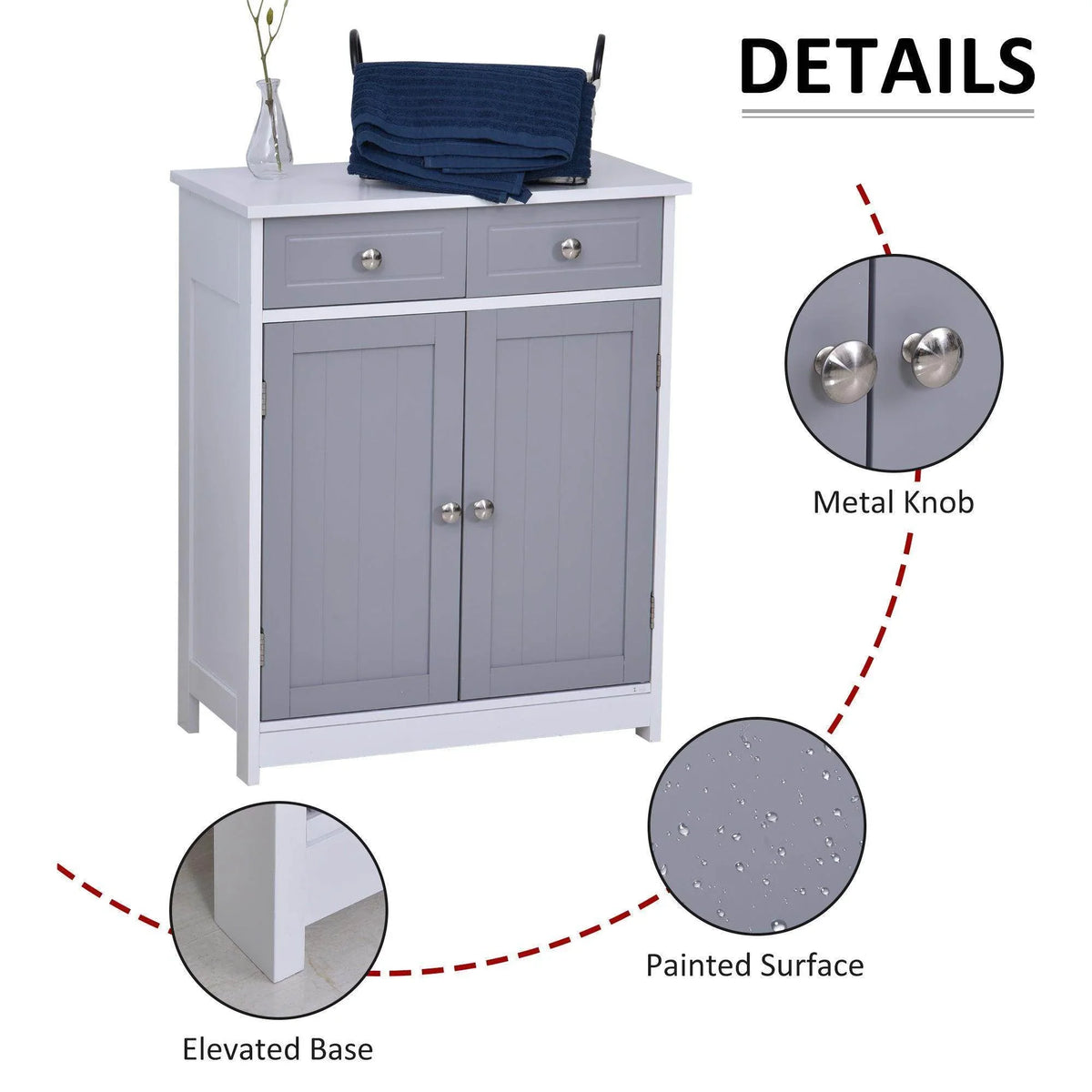 Grey freestanding cabinet with two drawers, double doors, round metal knobs; towel on top.