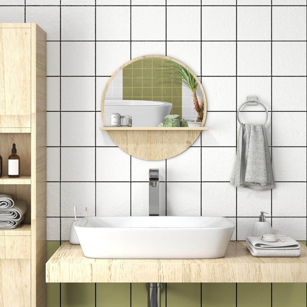 Wall-mounted round wooden mirror with built-in shelf, natural light wood frame