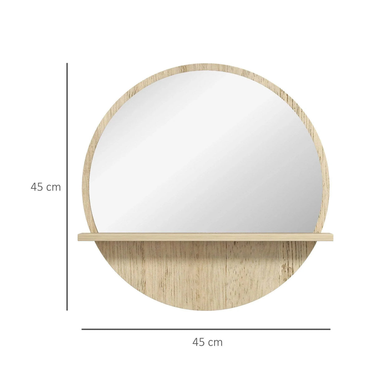 Round wall mirror with natural wood frame and shelf, 45cm wide