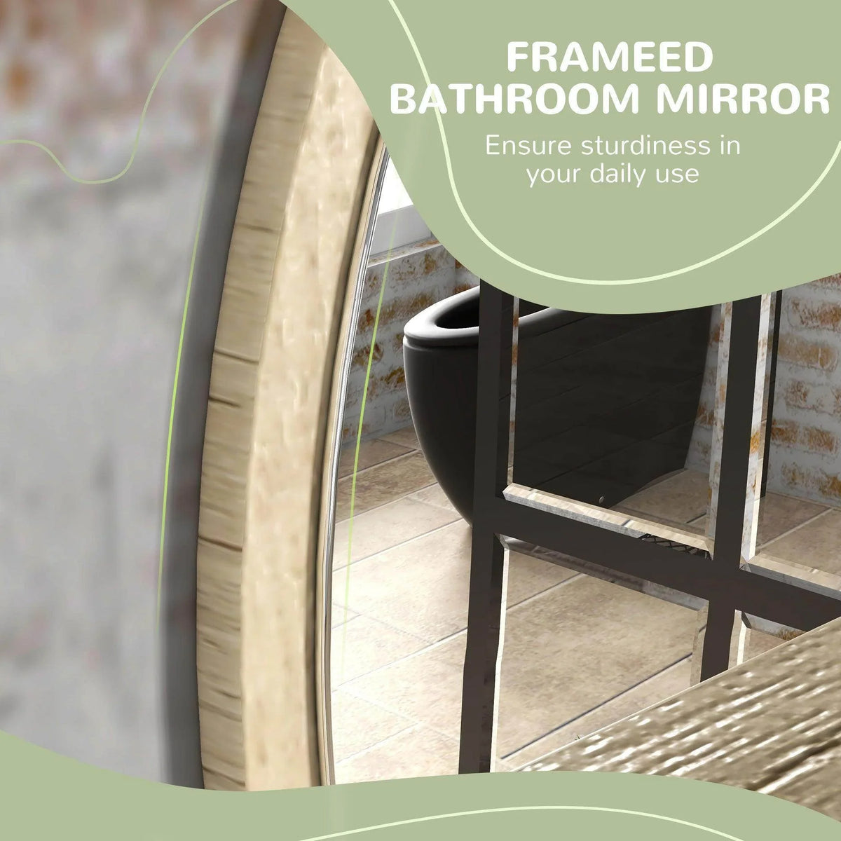 Tall framed wall mirror with natural wood edge and inset shelf