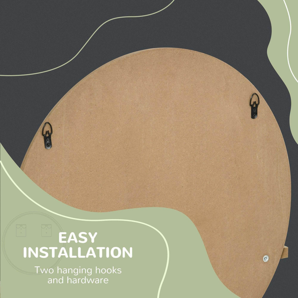 Mirror back panel in light wood with two hanging hooks for wall mounting