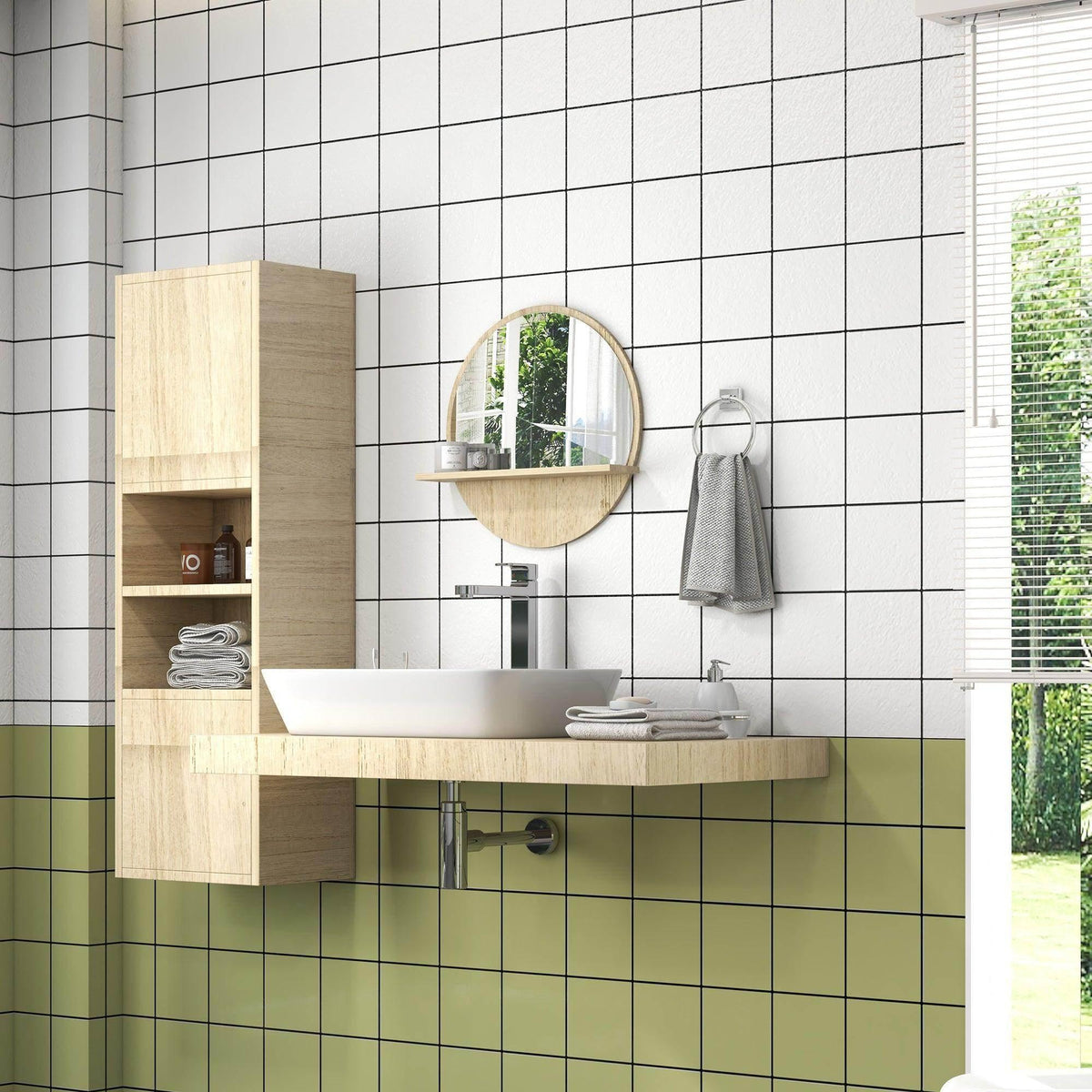 Wall-mounted round mirror with natural wood shelf above sink and faucet