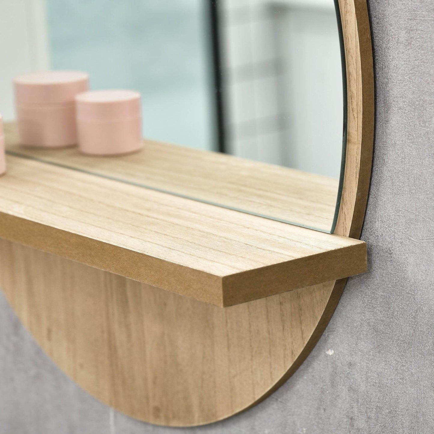 Kleankin Wall Mounted Mirror with Shelf - Natural Wood, 45cm - ALL4U RETAILER LTD