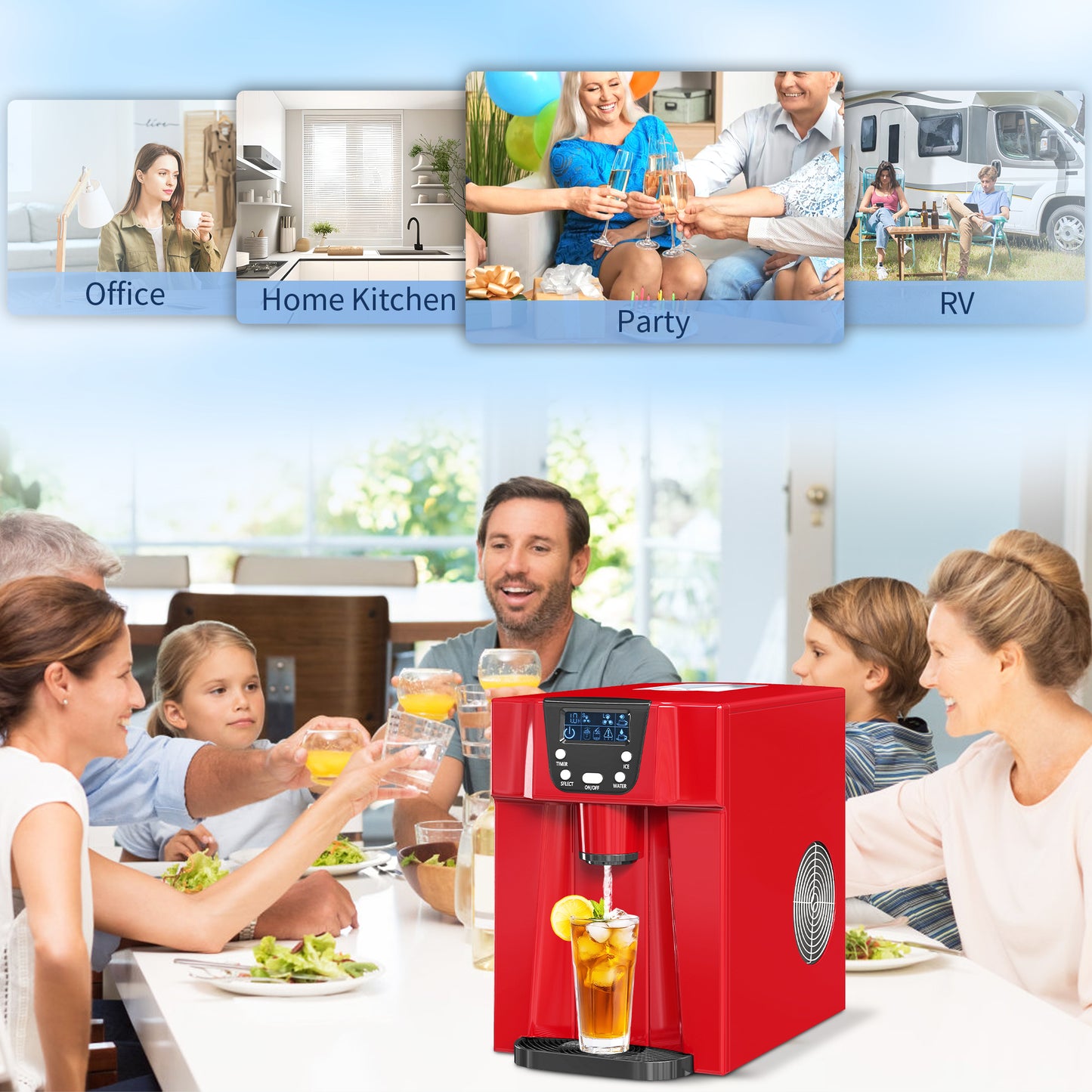 HOMCOM 3L Ice Maker and Water Dispenser Red, Produces 12kg Ice in 24 Hours, Cube Sizes, 9 Cubes Ready in 6-10 Minutes