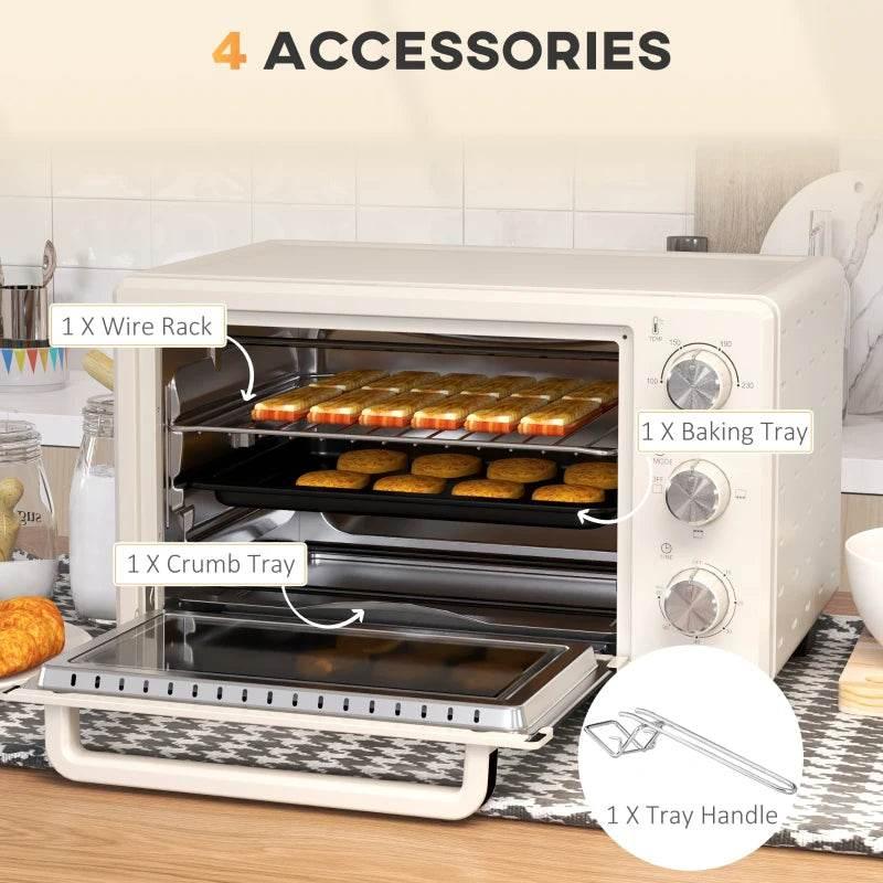 Cream mini electric oven accessories: wire rack, baking tray, crumb tray, tray handle