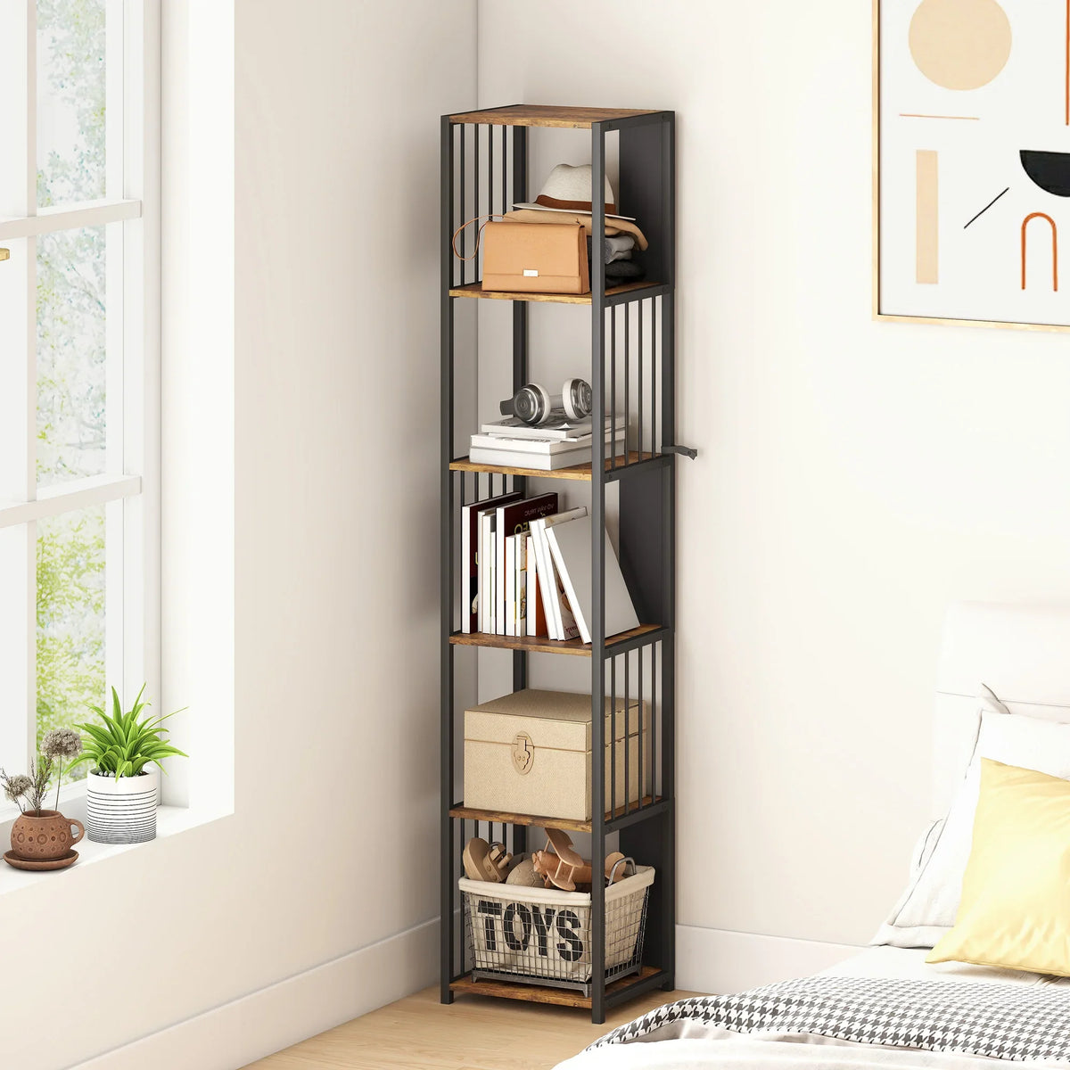 5-tier vertical bookshelf with open compartments, rustic brown shelves, black frame