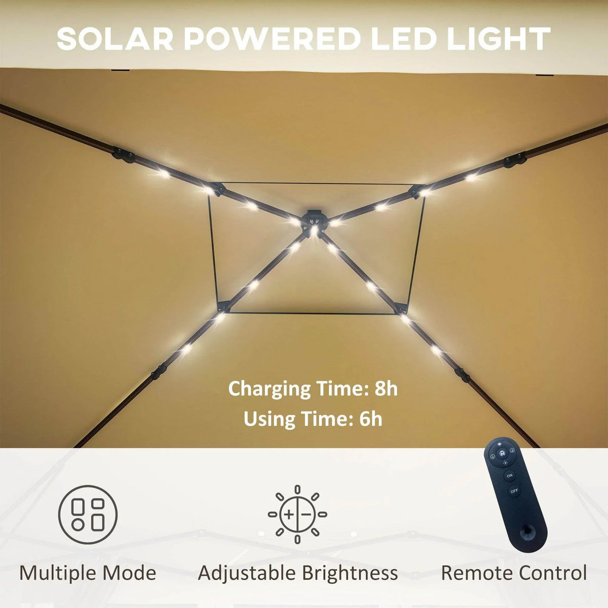 Solar-powered LED light strips inside khaki pop-up gazebo, remote control shown