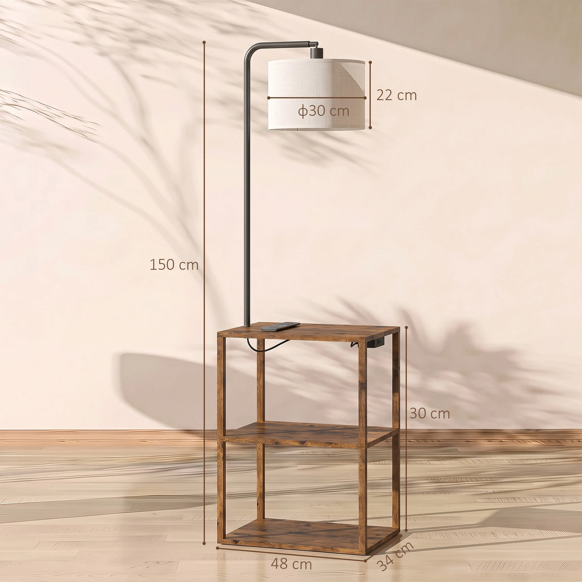 Brown floor lamp with 3-tier shelf unit, fabric shade, black metal frame