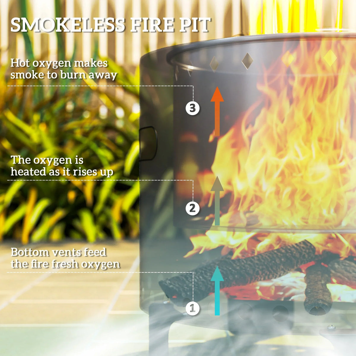 Grey outdoor steel fire pit with burning flames visible inside the bowl