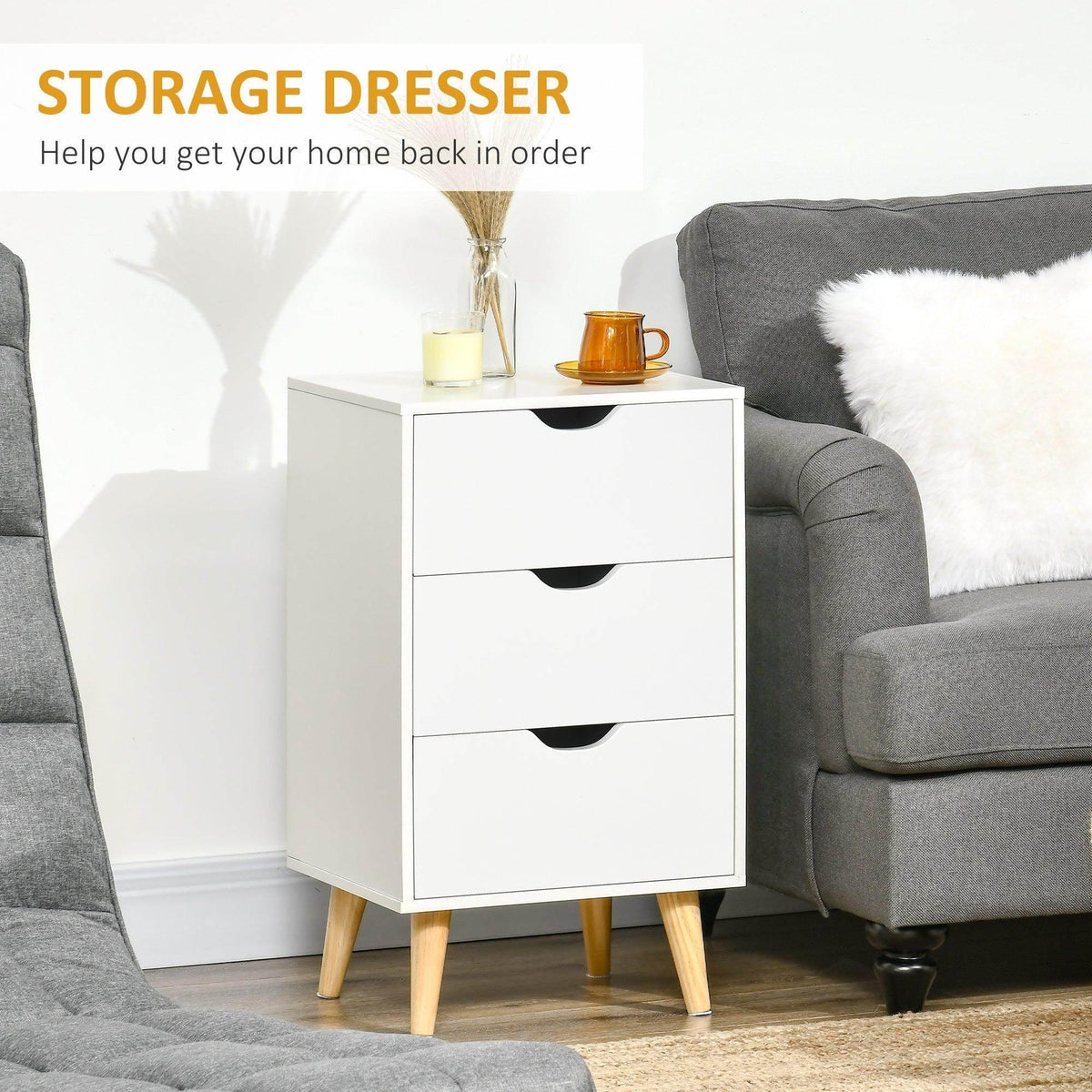 White 3-drawer storage dresser with black curved pulls and light wood legs