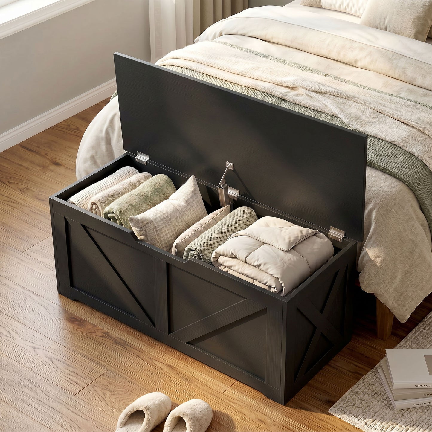 HOMCOM 100L Storage Box Bench With Safety Hinge Black Wood Effect Chest For Living Room