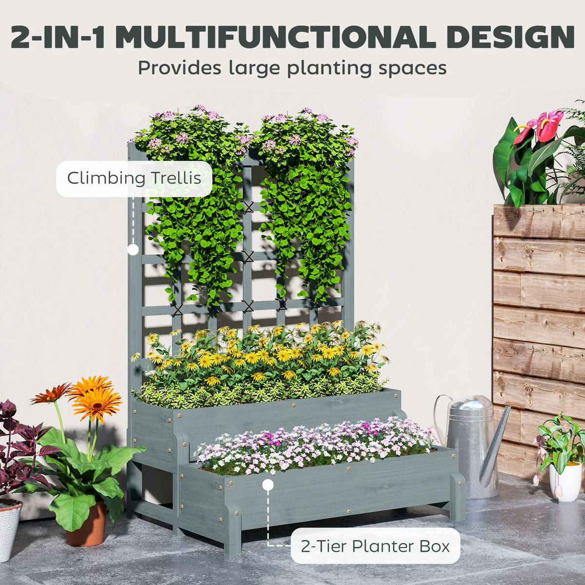Grey two-tier planter box with trellis for climbing plants and blooming flowers