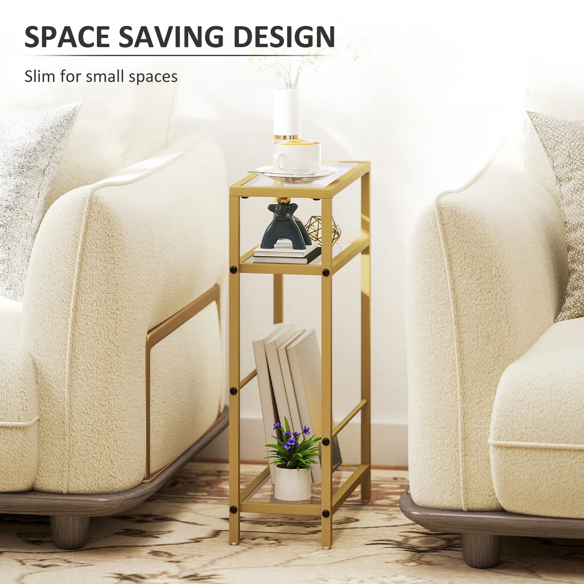 Gold-tone slim 3-tier side table with tempered glass top for compact storage