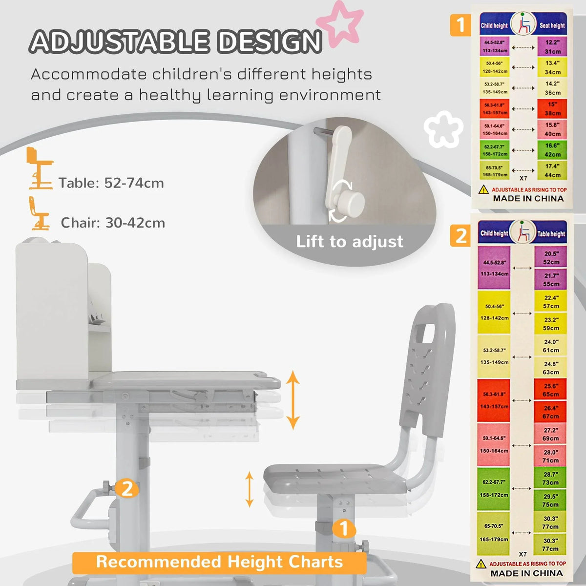 Height-adjustable kids study table and chair set with lift-to-adjust mechanism
