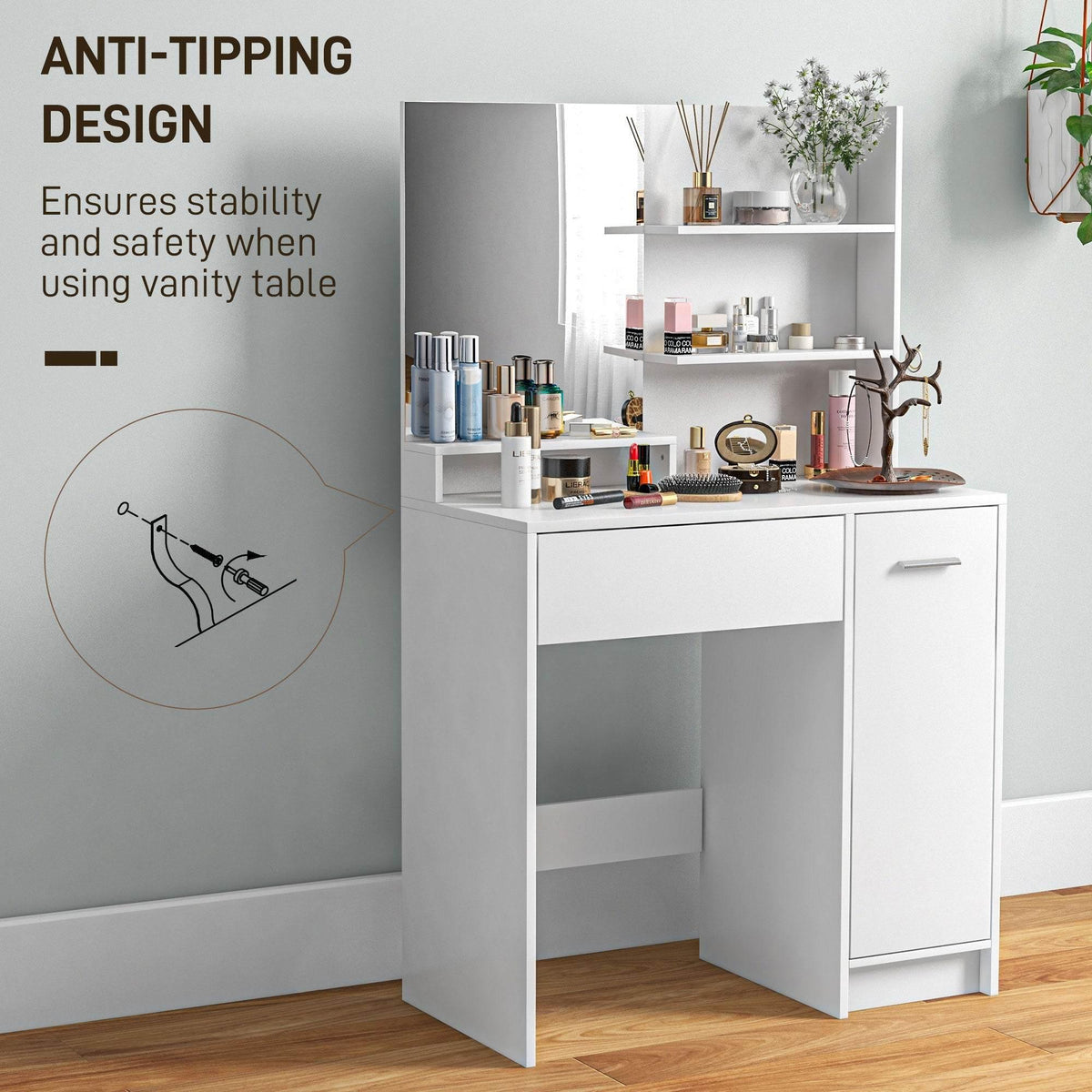 White vanity table with mirror backing, drawer, open shelves, and cabinet storage