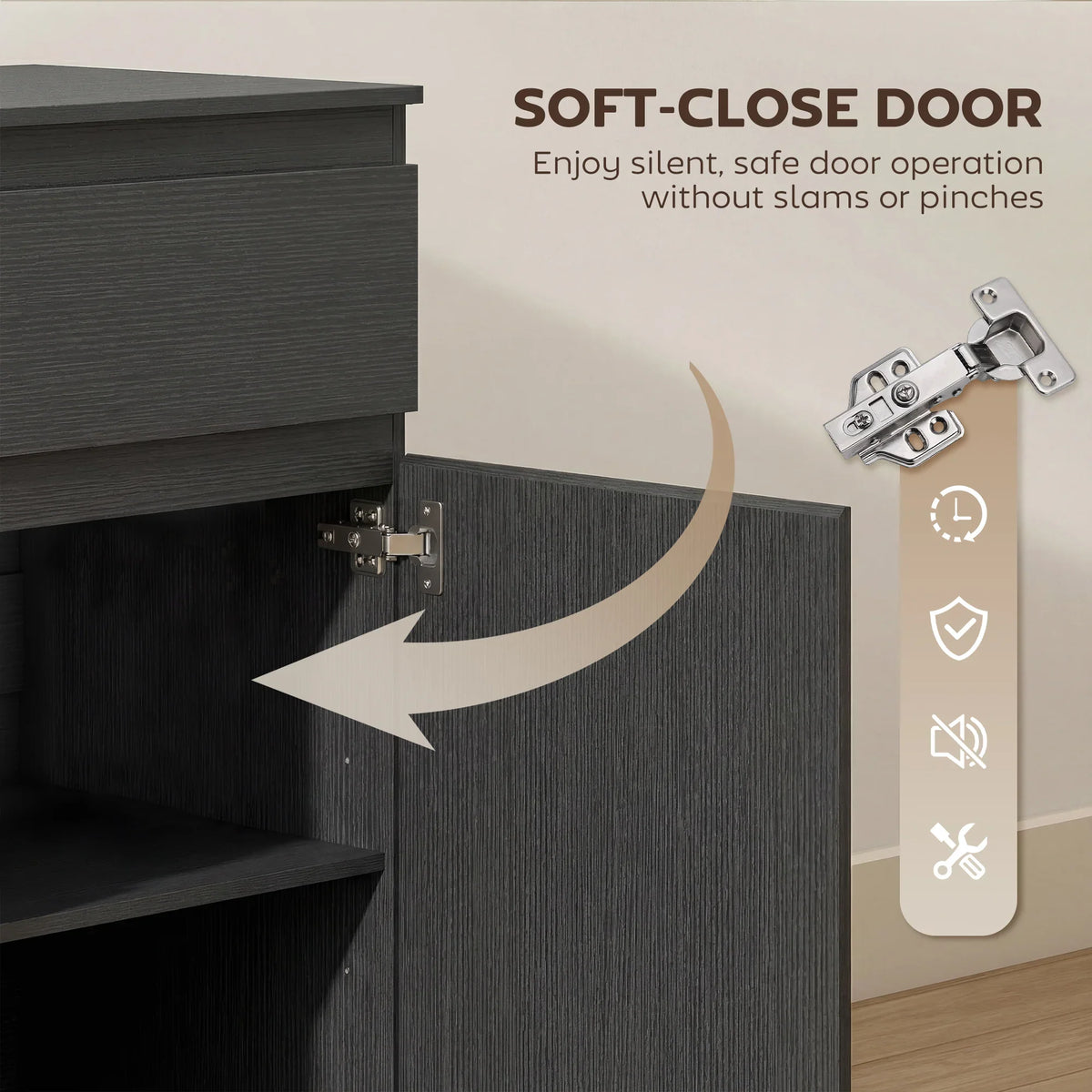 Black cabinet door with soft-close hinge and open shelf compartment interior