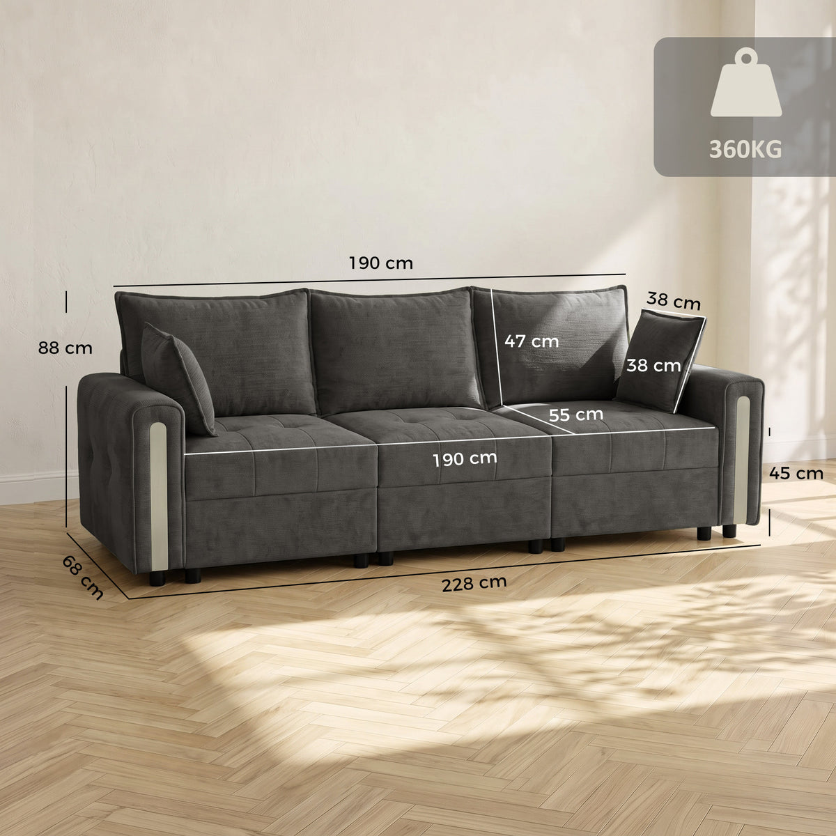Dark grey 3-seat sofa with labeled dimensions: 228cm length and 190cm seat width