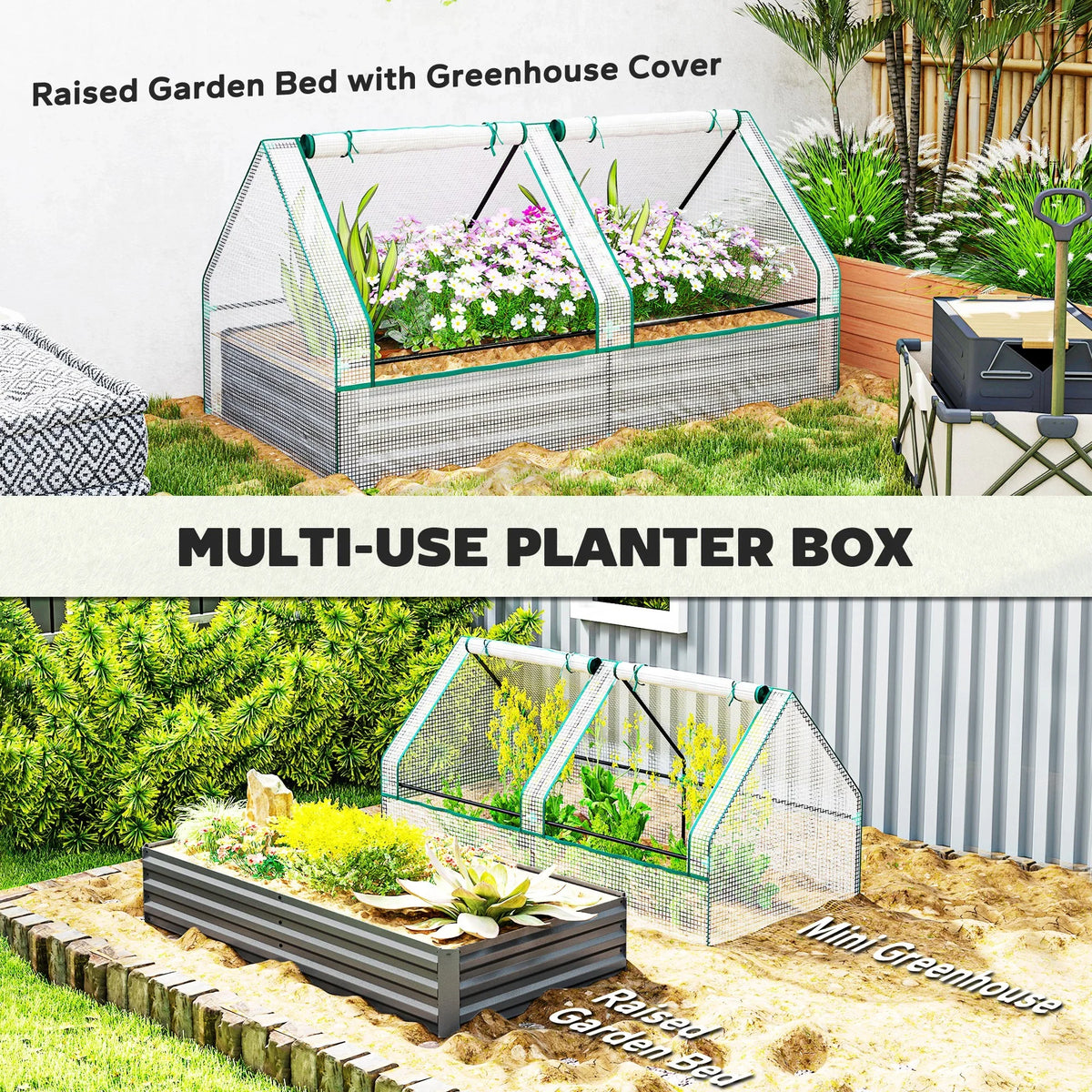Raised planter greenhouse with slanted mesh cover and dark gray raised bed for herbs