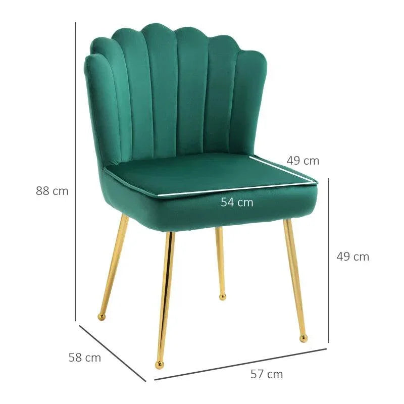 Green shell dining chair with padded seat, curved back, and gold metal legs