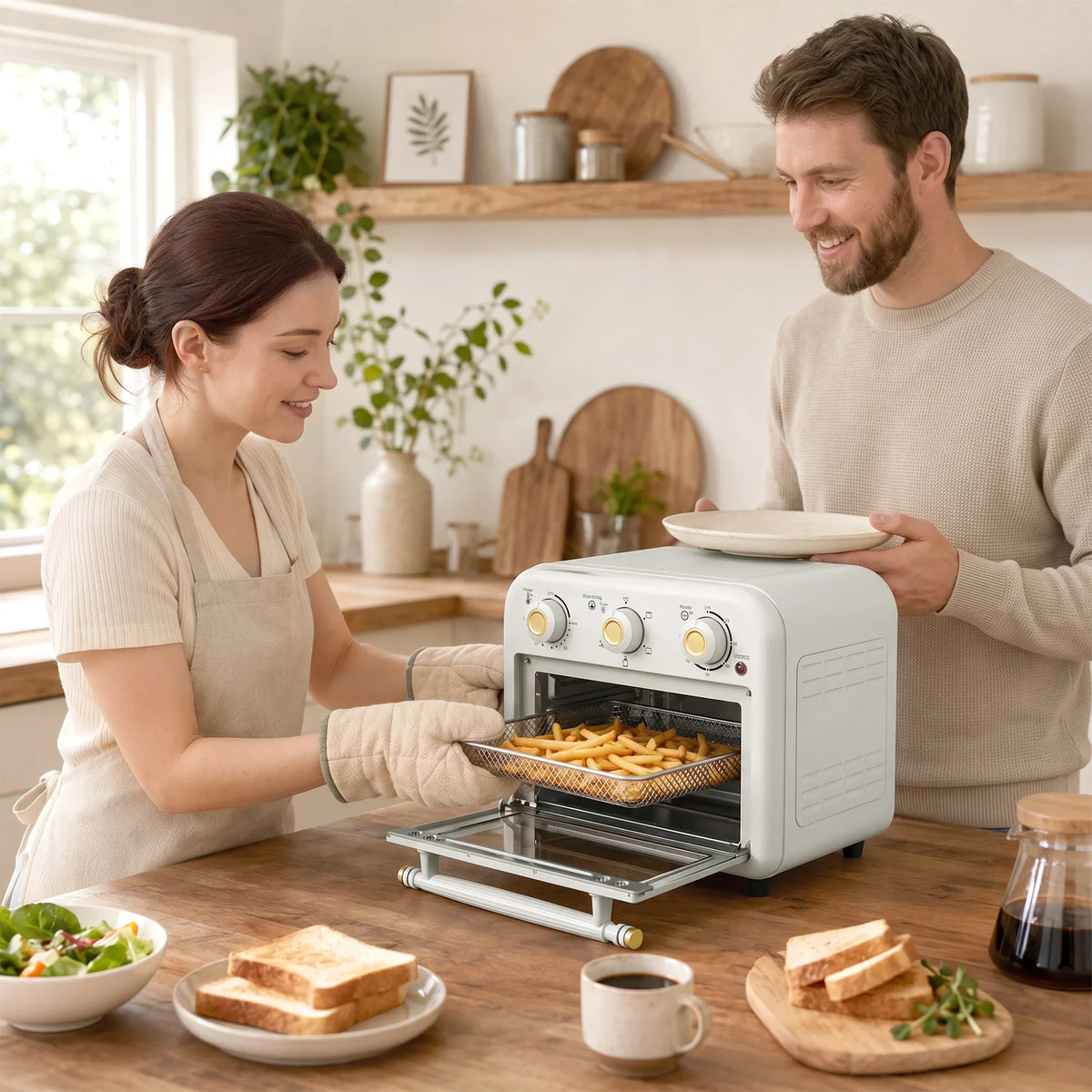 Cream HOMCOM 12L air fryer toaster oven on countertop while serving food basket
