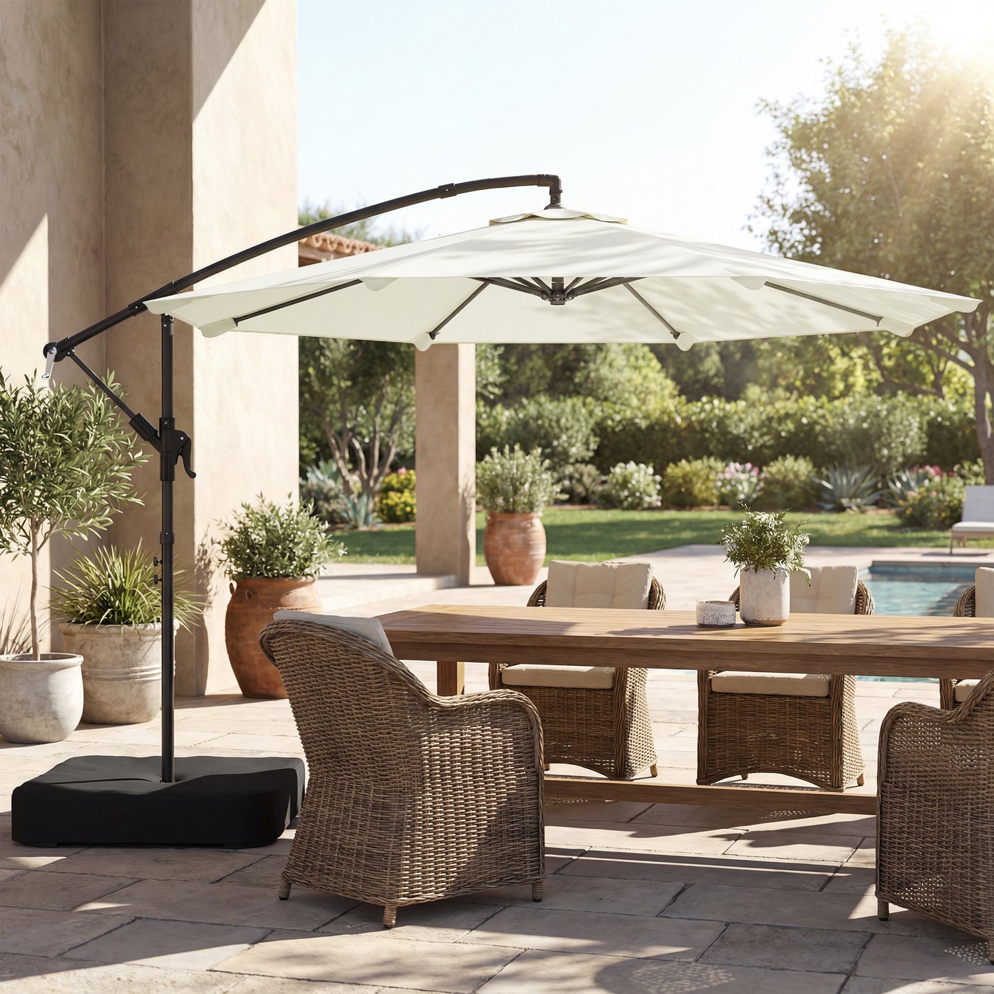 Outsunny 3m Cantilever Parasol With Cross Base And Sandbag 360 Degree Rotating Overhanging Arm Cream White