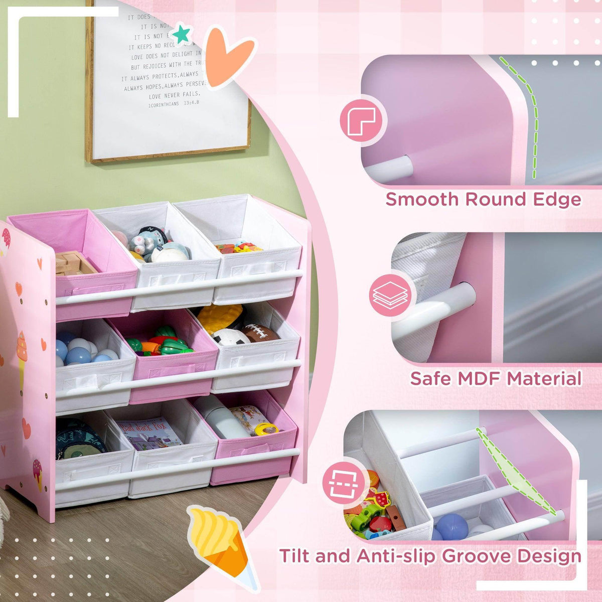 Pink kids storage cabinet with open compartments and removable white storage bins