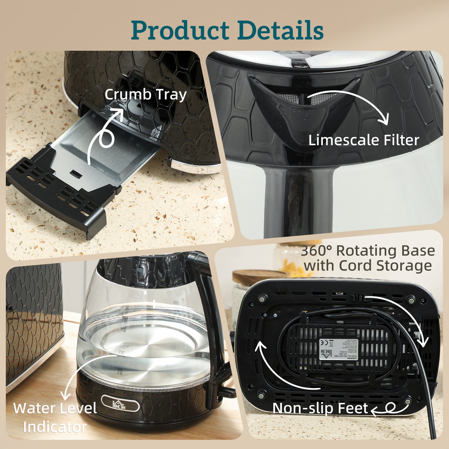 HOMCOM Kettle And Toaster Set 1.7L 3000W Kettle With Limescale Filter 2 Slice Toaster With 7 Browning Settings Black
