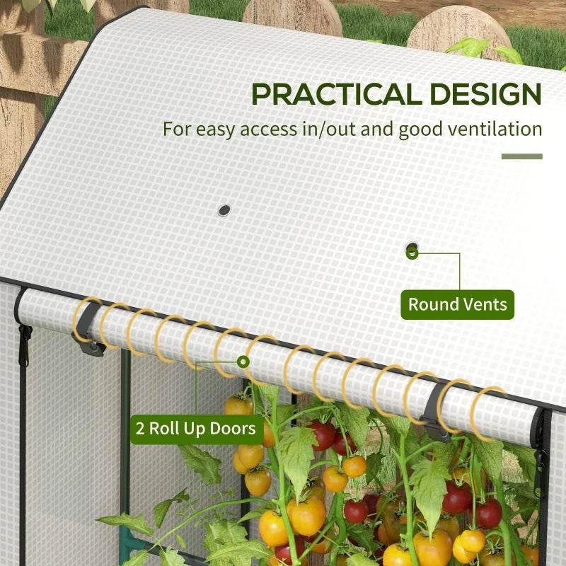 Mini greenhouse top with round vents and two roll-up doors above leafy tomato plants