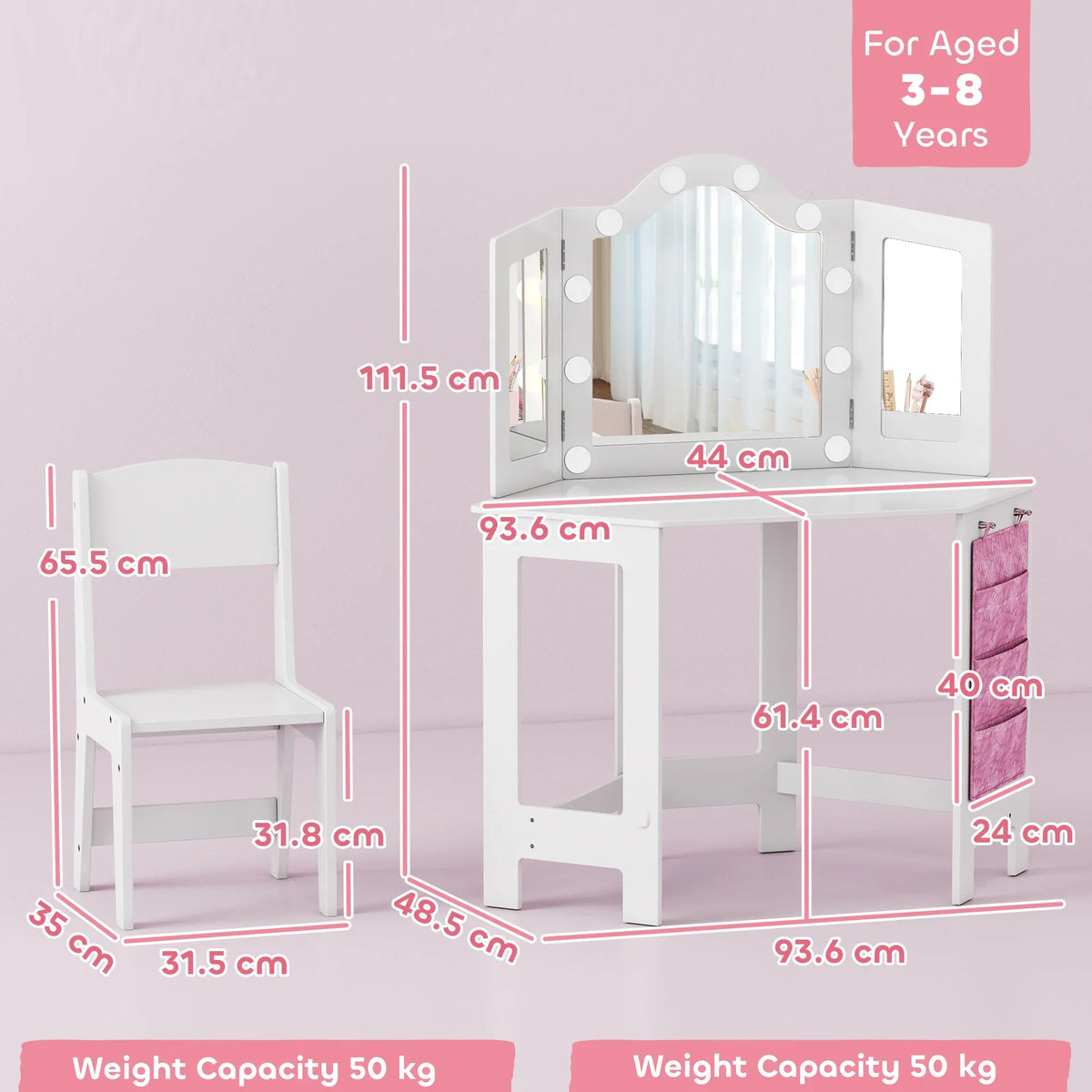 White kids vanity table with tri-fold mirror and stool, LED lights, measured diagram