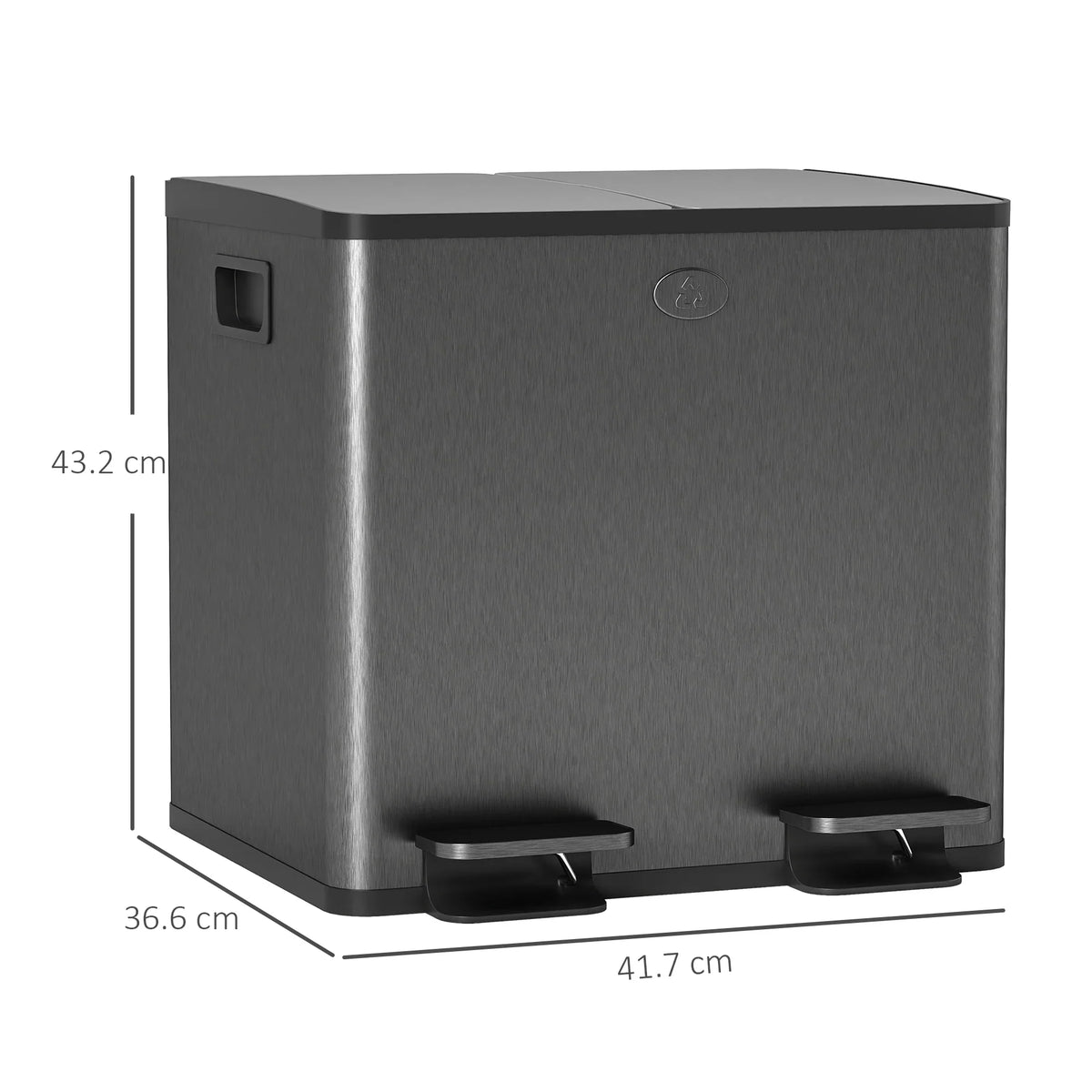 Stainless steel dual foot pedal bin with two front pedals and two-section lid top