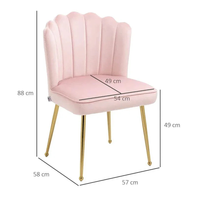 Pink shell dining chair with upholstered seat, curved backrest, and gold legs