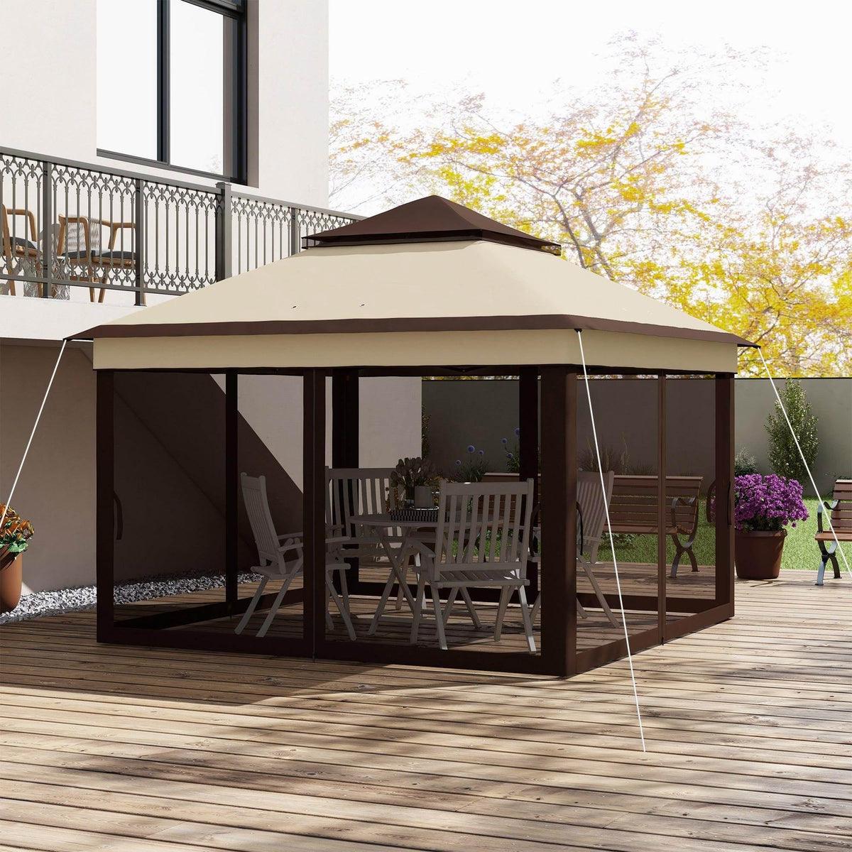 Beige pop-up gazebo with dark brown mesh side walls and sturdy legs for outdoor events