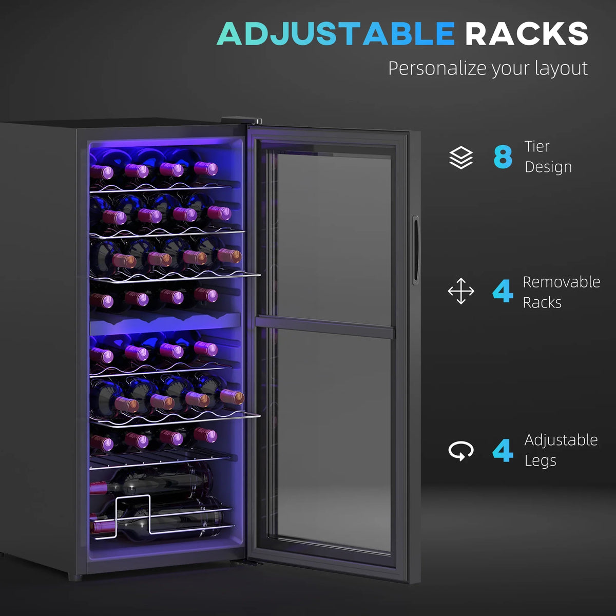 Wine fridge with adjustable racks, black frame, open glass door with blue interior light