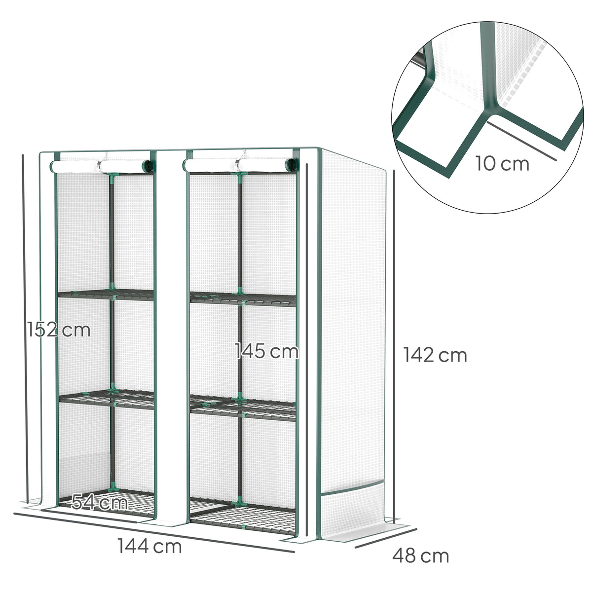 White three-tier mini greenhouse frame with plastic side panels and wire shelves, size view