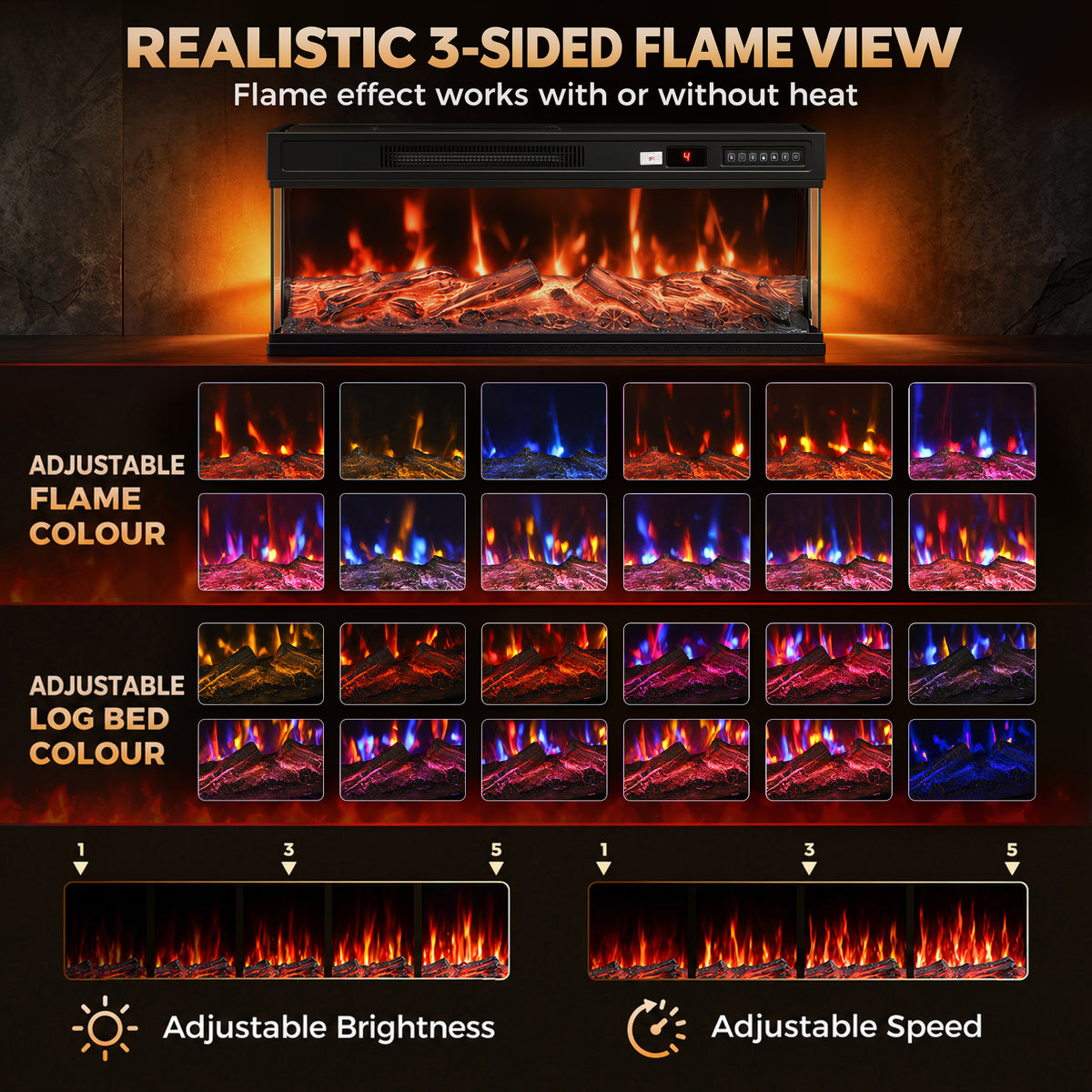 Realistic 3-sided flame electric fireplace with adjustable flame colors, brightness, and speed