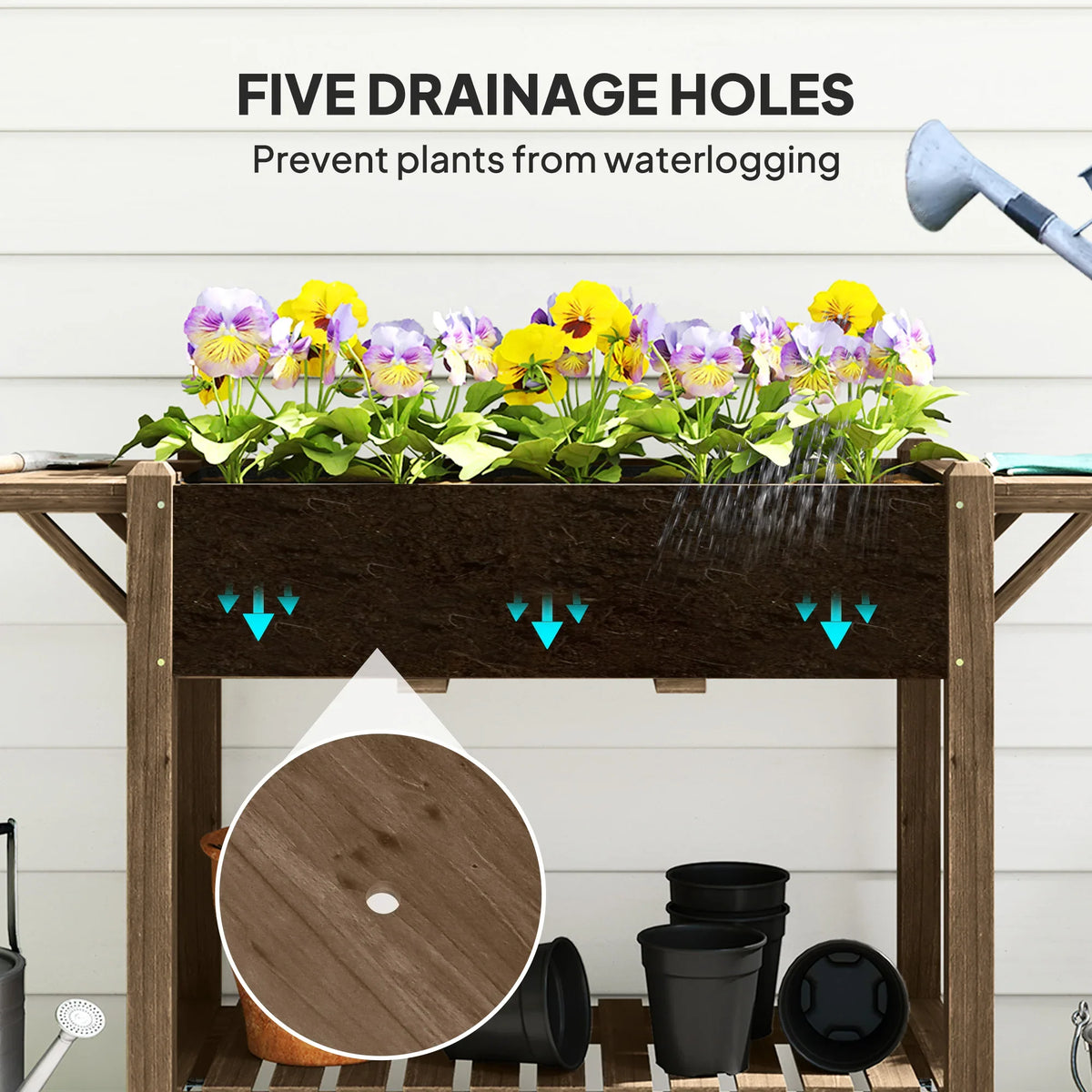 Dark brown wooden raised planter with drainage holes and lower shelf for pots