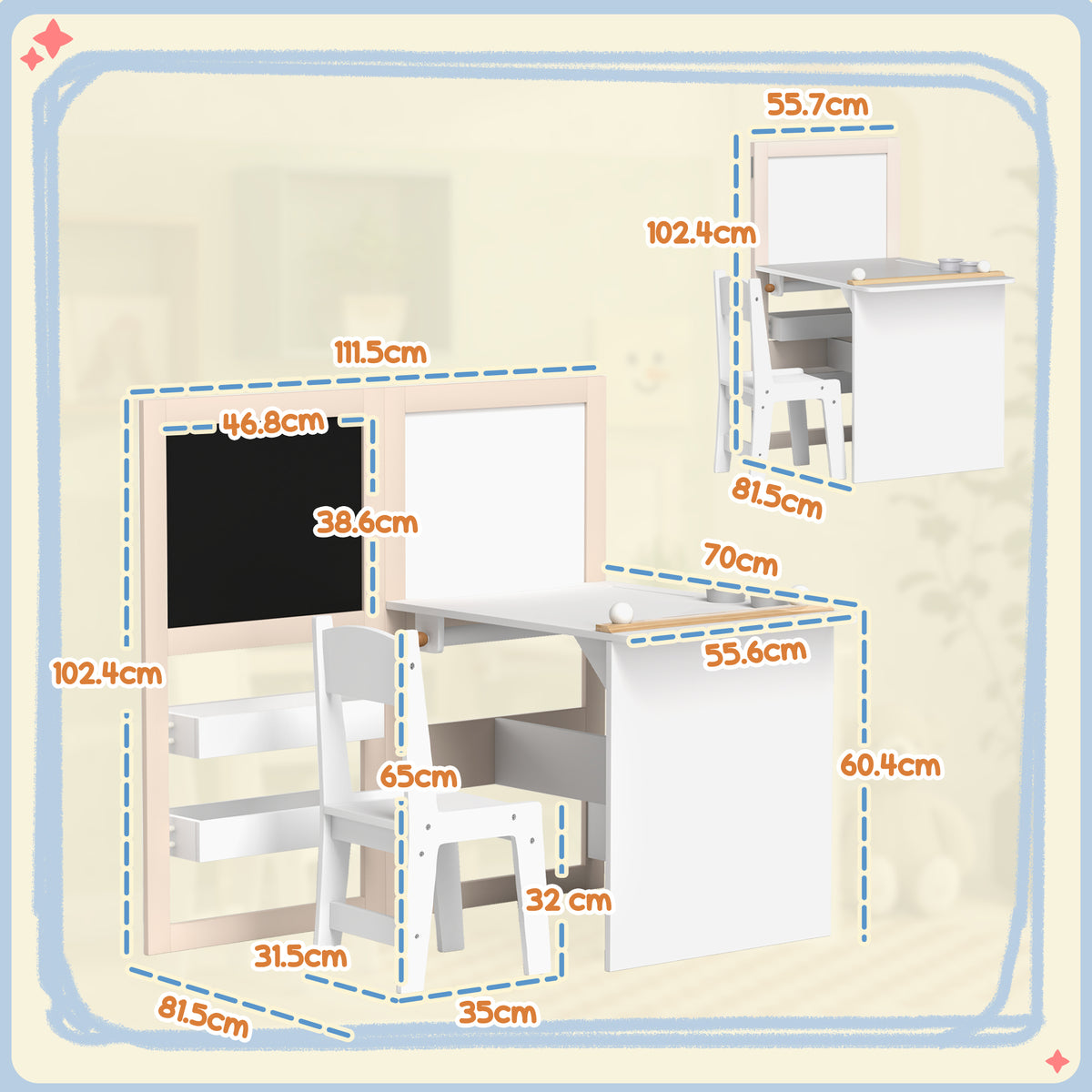 Kids table and chair set with storage, size diagram with measurements
