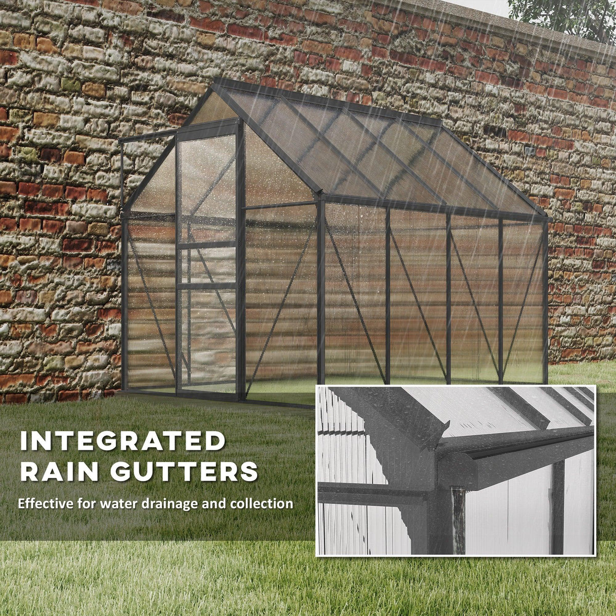 Polycarbonate greenhouse with dark grey frame and integrated roof rain gutters