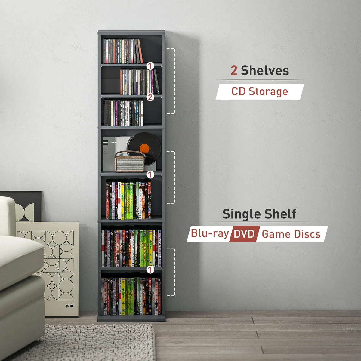 Grey CD storage unit with two shelf levels visible and open compartments