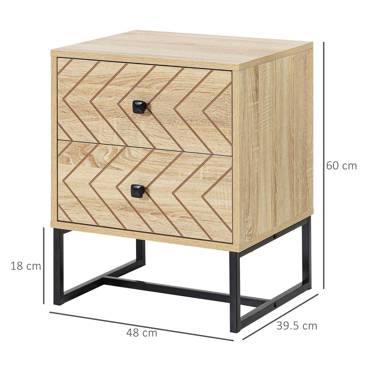 Wood nightstand with 2 drawers and geometric pattern, black metal frame